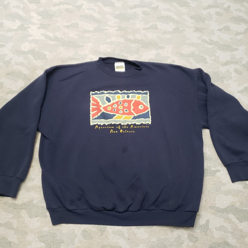 Vintage Tultex Sweatshirt Mens XL Blue Crew Neck Pullover Fish‎
